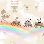Tapet Personalizat Lumea Animalelor cu animale in trenulet peste curcubee si baloane cu aer cald in nuante de bej  - BEIGE MERGING RAINBOWS
