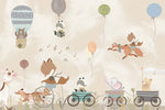 Tapet Personalizat Lumea Animalelor cu animale si vulpea zburatoare pe cerul bej cu baloane  - JOYFUL ANIMALS