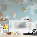 Tapet Personalizat Lumea Animalelor cu trenulet de animalute si baloane pe cerul albastru cu norisori - BLUE SKIES BALLOONS