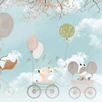 Tapet Personalizat Lumea Animalelor cu trenulet de animalute si baloane pe cerul albastru cu norisori - BLUE SKIES BALLOONS