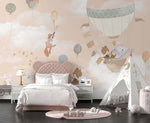 Tapet Personalizat Lumea Animalelor cu animale cantand printre nori pe un fundal crem - SINGING IN THE CLOUDS II