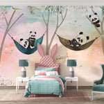 Tapet Personalizat Lumea Animalelor cu panda in hamace pe un fundal multicolor  - MULTICOLOR SKY