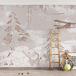 Tapet Personalizat Lumea Animalelor cu girafa si elefant in padure cu zapada in nuante sepia - SEPIA WINTER