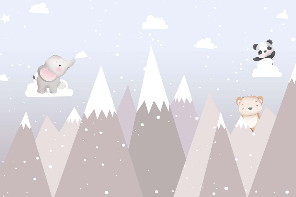 Tapet Personalizat Lumea Animalelor cu animalute printre muntii inalti inzapeziti  - PINK SNOWY PEAKS