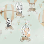 Tapet Personalizat Lumea Animalelor cu animalute in baloane cu aer cald pe cerul verde - MINTY BALLOONS