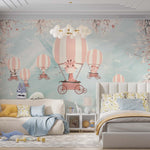 Tapet Personalizat Lumea Animalelor cu animalute in baloane cu aer cald pe un fundal texturat albastru - BLUE PLASTER SKY BALLOONS