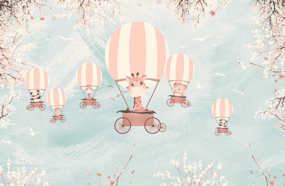 Tapet Personalizat Lumea Animalelor cu animalute in baloane cu aer cald pe un fundal texturat albastru - BLUE PLASTER SKY BALLOONS