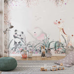 Tapet Personalizat Lumea Animalelor cu animale printre vegetatia inflorita colorata din jungla - SLEEPY GIRAFFE