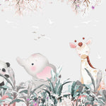 Tapet Personalizat Lumea Animalelor cu animale printre vegetatia inflorita colorata din jungla - SLEEPY GIRAFFE