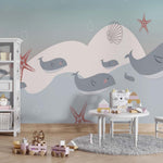 Tapet Personalizat Lumea Animalelor  cu balene si pui de balene in valurile marii  - LITTLE WHALES