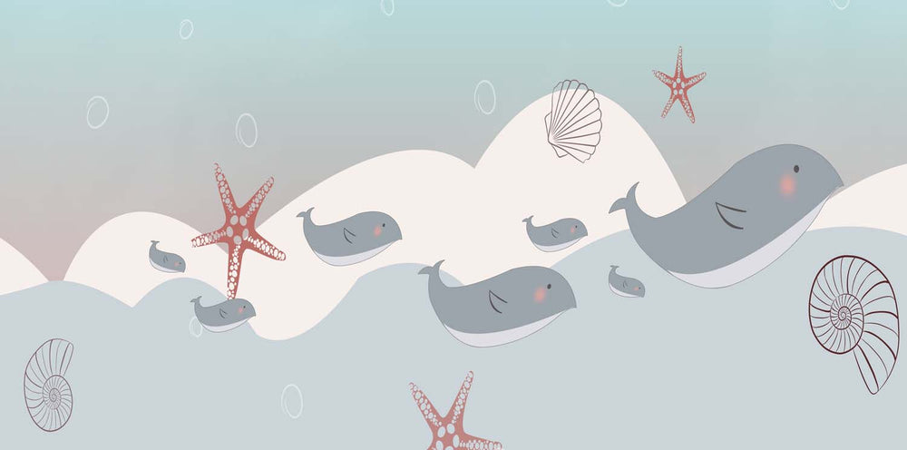 Tapet Personalizat Lumea Animalelor  cu balene si pui de balene in valurile marii  - LITTLE WHALES