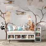 Tapet Personalizat Lumea Animalelor cu animale catarate in copaci inalti si avioane  - CLIMBING TREES