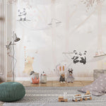 Tapet Personalizat Lumea Animalelor cu animalute in hamac prin padurea cu copaci si fundal gri  - GREY JOY
