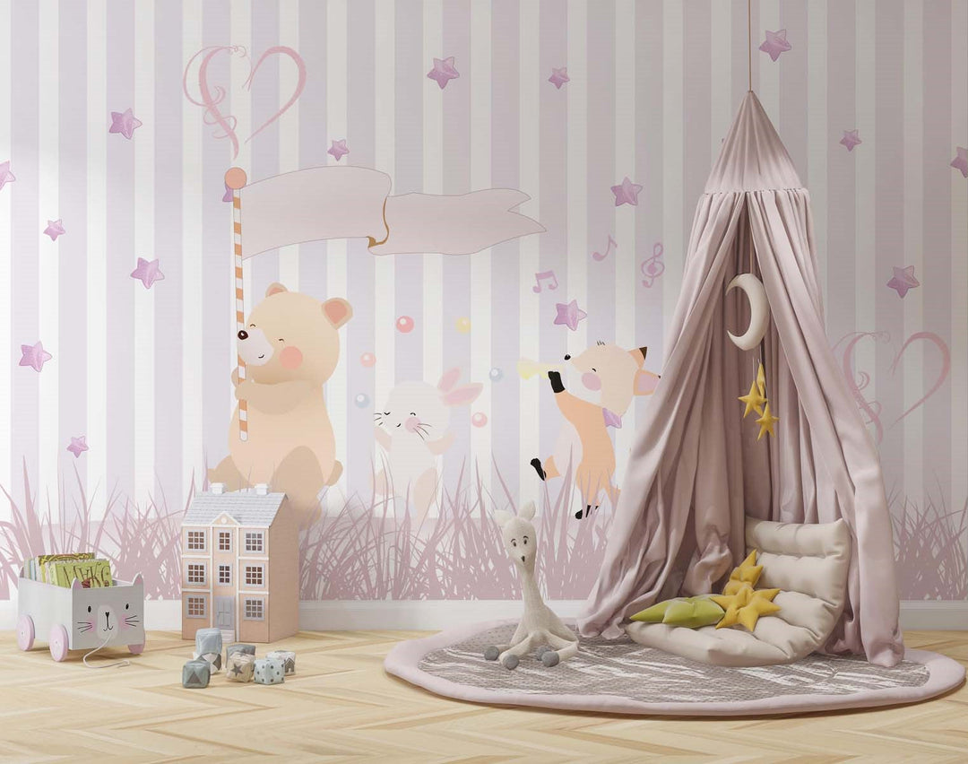 Tapet Personalizat Lumea Animalelor cu animalute cantand pe fundal in dugi si stelute roz  - STARRY PINK STRIPES
