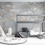Tapet Personalizat Lumea Animalelor cu animale pe franghie prin padurea gri  - WARM GREY FOREST