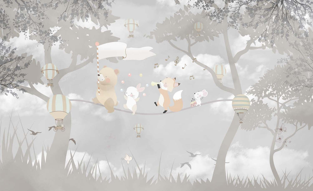 Tapet Personalizat Lumea Animalelor cu animale pe franghie prin padurea gri  - WARM GREY FOREST
