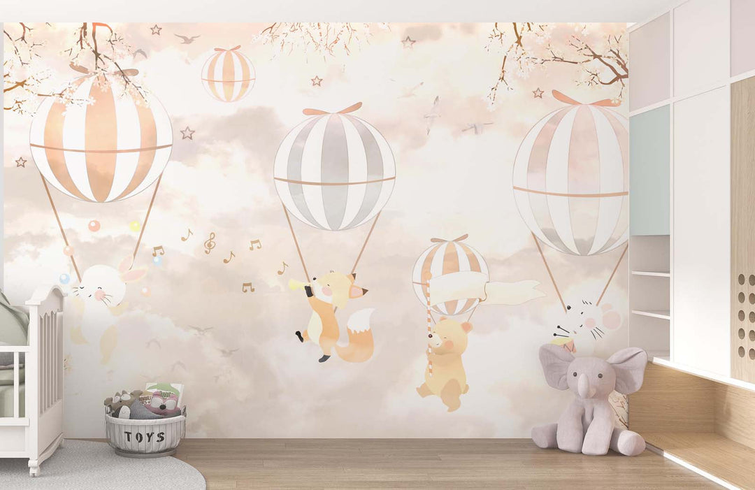 Tapet Personalizat Lumea Animalelor cu animale cantand in baloane cu aer cald  - BLISSFULLY SINGING