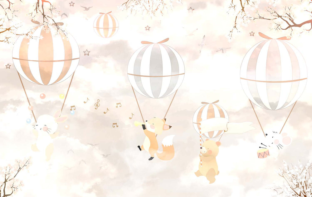 Tapet Personalizat Lumea Animalelor cu animale cantand in baloane cu aer cald  - BLISSFULLY SINGING