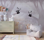 Tapet Personalizat Lumea Animalelor cu ursi panda in copaci in nuante de mov  - PANDA LOVE SONG