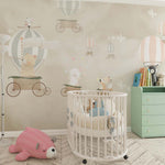 Tapet Personalizat Lumea Animalelor cu animale in baloane trenulet pe cerul bej  - BEIGE SKIES BALLOONS