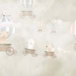 Tapet Personalizat Lumea Animalelor cu animale in baloane trenulet pe cerul bej  - BEIGE SKIES BALLOONS