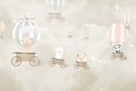 Tapet Personalizat Lumea Animalelor cu animale in baloane trenulet pe cerul bej  - BEIGE SKIES BALLOONS