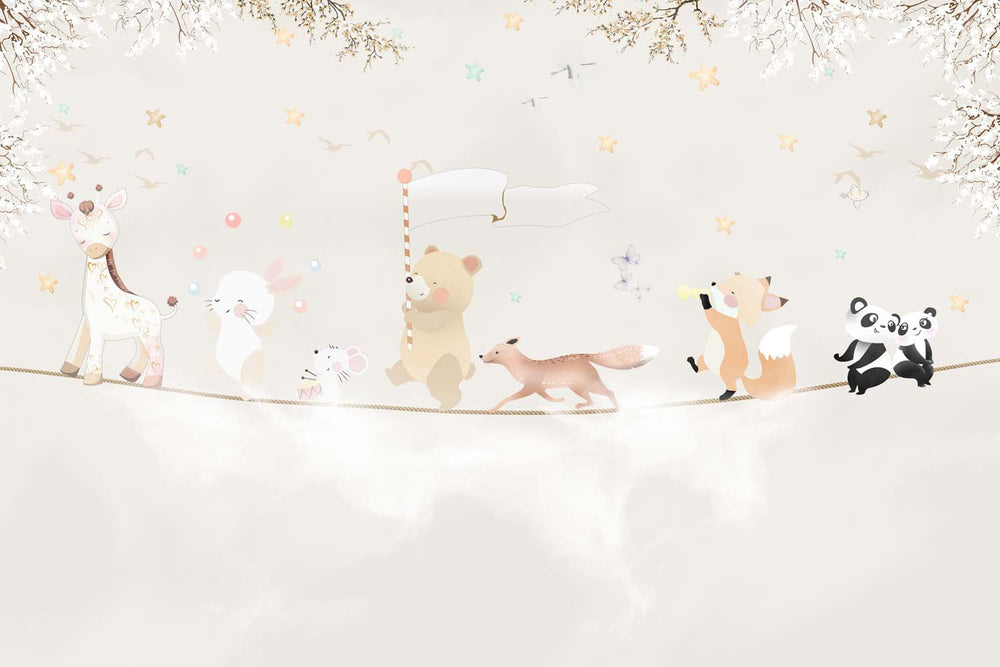 Tapet Personalizat Lumea Animalelor cu animale mergand pe franghie pe cerul bej - WALKING THE ROPE