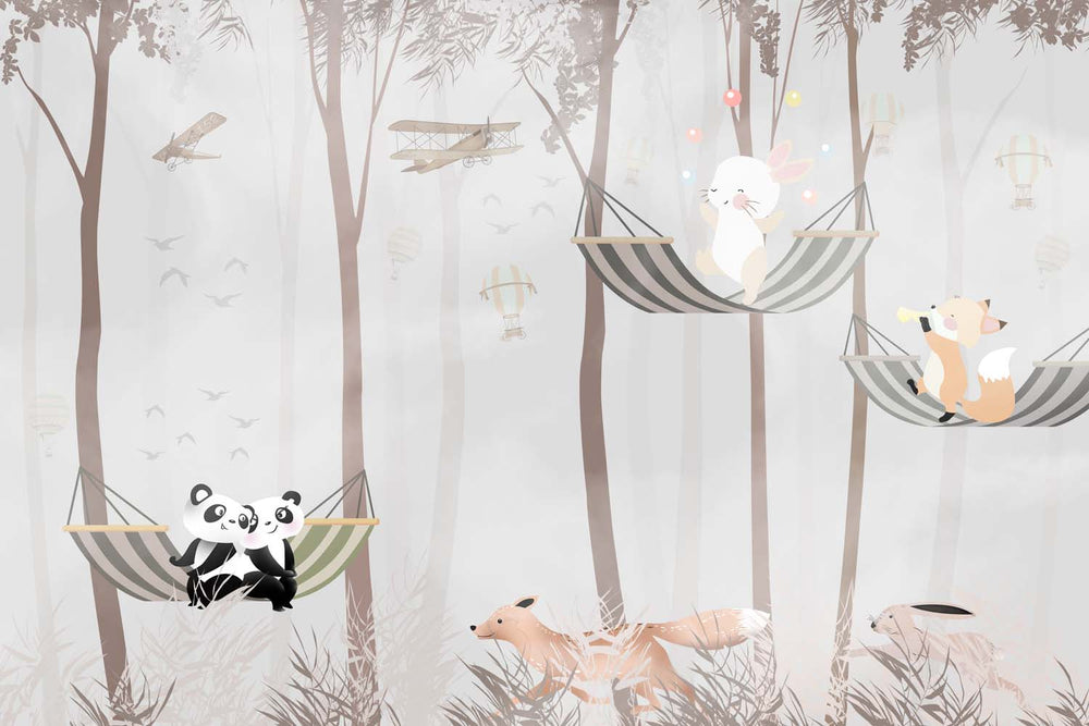 Tapet Personalizat Lumea Animalelor cu padurea cu animale in hamace  - HAMMOCK TRIO