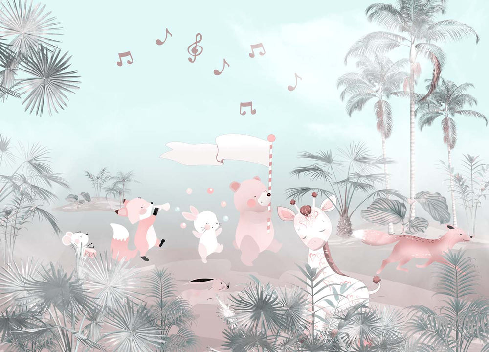 Tapet Personalizat Lumea Animalelor cu animalute prin padurea tropicala in nuante vibrante - HAWAII ANIMALS