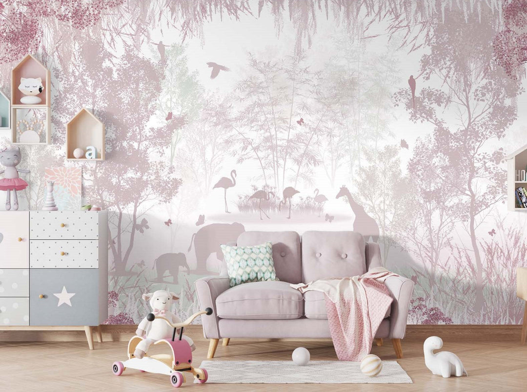 Tapet Personalizat Lumea Animalelor cu siluete de padure si animale in nuante de roz - PINK SILHOUETTE FOREST