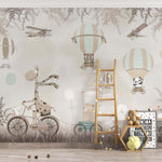 Tapet Personalizat Lumea Animalelor cu trenulet de animalute su baloane cu aer cald prin padurea bej maro  - BEIGE ROADTRIP