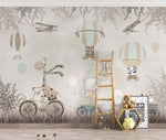 Tapet Personalizat Lumea Animalelor cu trenulet de animalute su baloane cu aer cald prin padurea bej maro  - BEIGE ROADTRIP