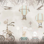 Tapet Personalizat Lumea Animalelor cu trenulet de animalute su baloane cu aer cald prin padurea bej maro  - BEIGE ROADTRIP