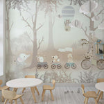 Tapet Personalizat Lumea Animalelor cu animalute in trenulet prin padurea cu copaci bej - FAREWELL BEIGE
