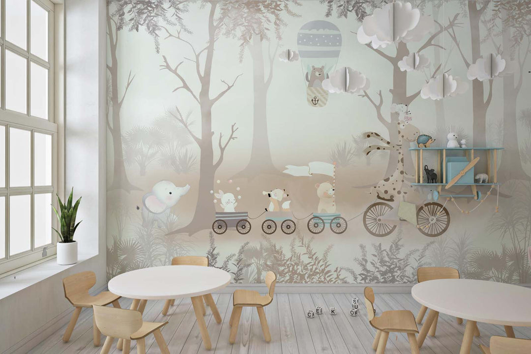 Tapet Personalizat Lumea Animalelor cu animalute in trenulet prin padurea cu copaci bej - FAREWELL BEIGE