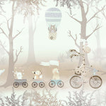 Tapet Personalizat Lumea Animalelor cu animalute in trenulet prin padurea cu copaci bej - FAREWELL BEIGE