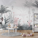 Tapet Personalizat Lumea Animalelor cu animale cantand prin padurea tropicala cu palmieri si cocotieri  - FOGGY PALM TREES