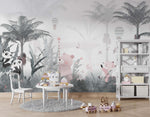 Tapet Personalizat Lumea Animalelor cu animale cantand prin padurea tropicala cu palmieri si cocotieri  - FOGGY PALM TREES