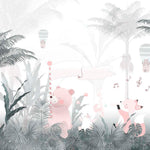 Tapet Personalizat Lumea Animalelor cu animale cantand prin padurea tropicala cu palmieri si cocotieri  - FOGGY PALM TREES