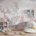 Tapet Personalizat Lumea Animalelor cu animale roz printre copacei bej  - SERENITY SONG