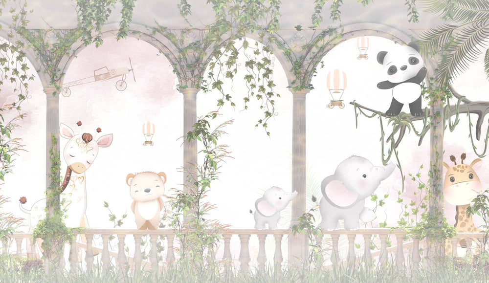 Tapet Personalizat Lumea Animalelor cu animale din jungla si ruine cu arcade si vegetatie - JUNGLE COLUMNS