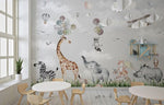 Tapet Personalizat Lumea Animalelor cu animale pictate pe iarba verde si baloane pe cer  - WALKING ANIMALS