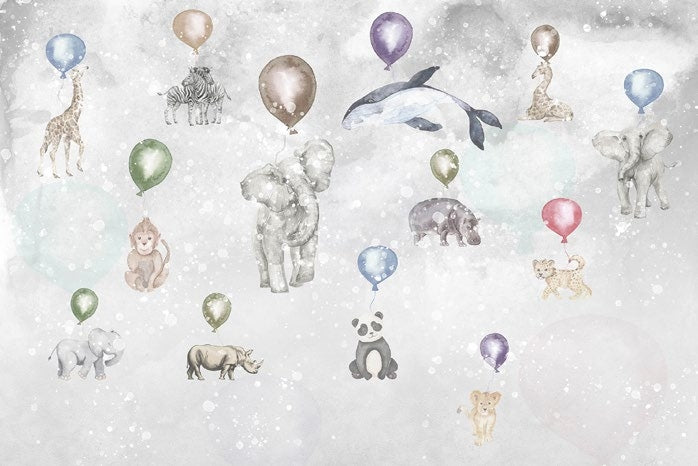 Tapet Personalizat Lumea Animalelor cu animale agatate in zbor de baloane colorate  - BALLOON FLYING ANIMALS
