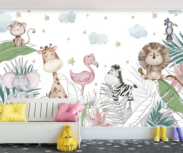 Tapet Personalizat Lumea Animalelor cu ilustratie cu animale dormind pe frunzele de palmier  - SLEEPING ANIMALS