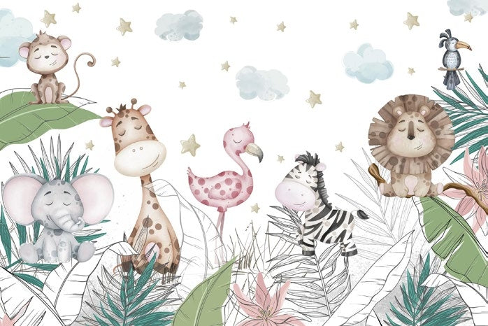 Tapet Personalizat Lumea Animalelor cu ilustratie cu animale dormind pe frunzele de palmier  - SLEEPING ANIMALS