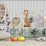 Tapet Personalizat Lumea Animalelor cu animalute si frunze pe un fundal in dungi gri  - STRIPE BABY ANIMALS