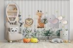 Tapet Personalizat Lumea Animalelor cu animalute si frunze pe un fundal in dungi gri  - STRIPE BABY ANIMALS