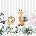 Tapet Personalizat Lumea Animalelor cu animalute si frunze pe un fundal in dungi gri  - STRIPE BABY ANIMALS