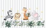 Tapet Personalizat Lumea Animalelor cu animalute si frunze pe un fundal in dungi gri  - STRIPE BABY ANIMALS