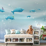 Tapet Personalizat Lumea Animalelor cu balene inotand deasupra casei acvatice  - UNDERWATER HOUSE